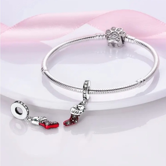 Pandora 925 Silver & Red Christmas Stocking Charm Pendant engraved Warm & Home - Picture 3 of 10